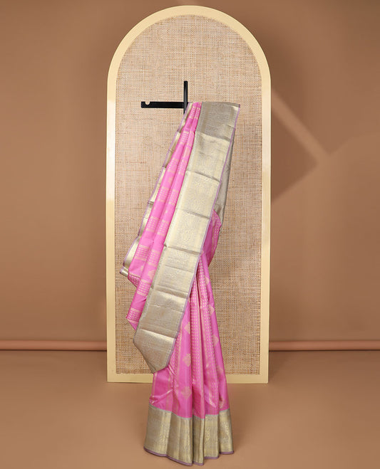 Light pink floral design silk saree with contrast korvai zari design border & intricate zari design pallu