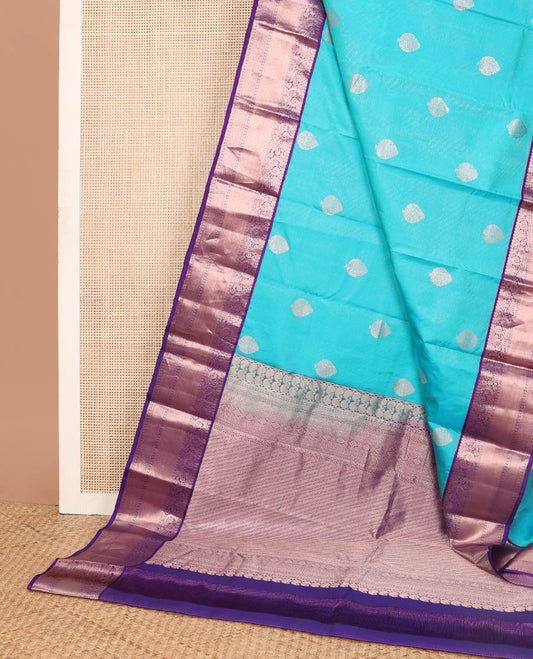 Light blue striped, buttas silk saree with contrast intricate zari design border & floral design pallu