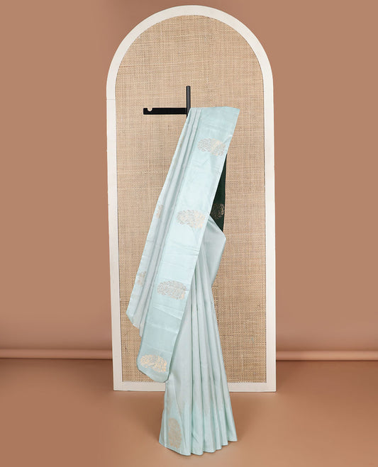 Powder blue mayuri soft silk saree with self motifs border & checked design pallu