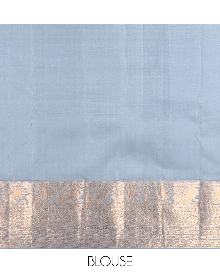 Blue zari buttas silk saree, contrast border of rekku,mayil, cross key & laddu kamlam & intricate pallu