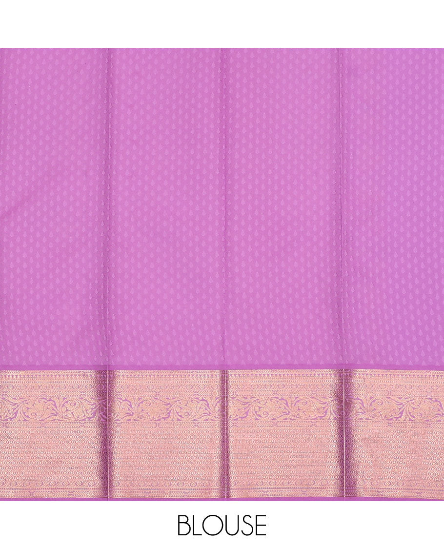 Baby Pink Kanchipuram Wedding Silk Saree Accentuated with Jacquard Design Weave on Its Body, Contrast Border of Rekku, Muthu, Cross Kamalam, Kodi Visiry, and Then Kuli Kann Designs, Paired with a Contrast Blouse
