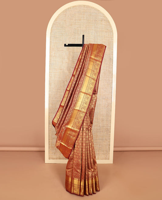 Brown ogee design kancheepuram silk saree with self border of muthu, banaras, kodi visiry design & zari design pallu