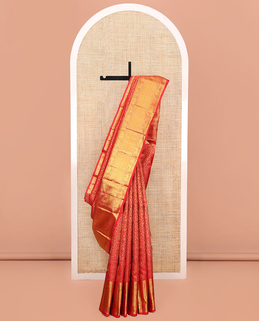 Red Kanchipuram Wedding Silk Saree, Beautifully Bedecked with Floral Jacquard Design on Its Body, Highlighted by a Zari Border of Salngai, Rudraksham, Mayil, Kuthirai, and Jaal Designs, Grand Jaal Pallu, and Paired with a Matching Blouse