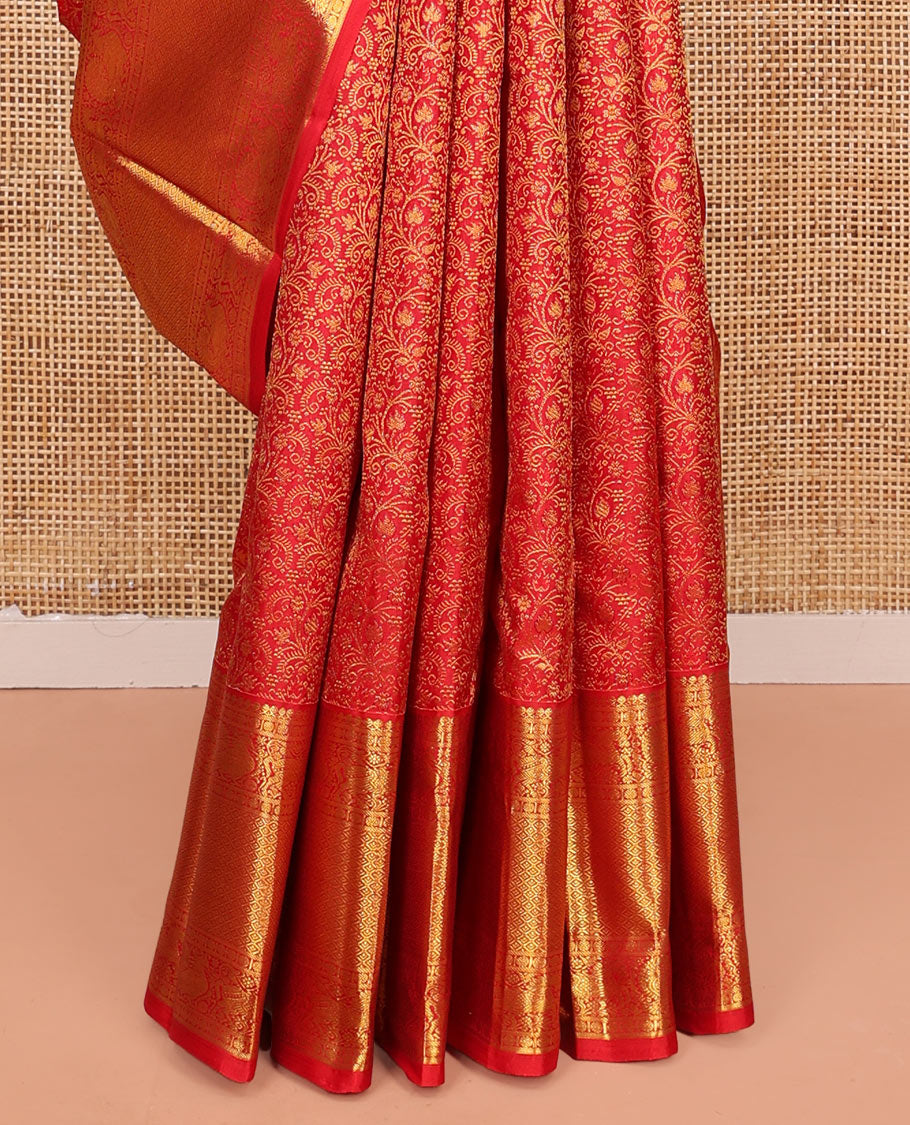 Red Kanchipuram Wedding Silk Saree, Beautifully Bedecked with Floral Jacquard Design on Its Body, Highlighted by a Zari Border of Salngai, Rudraksham, Mayil, Kuthirai, and Jaal Designs, Grand Jaal Pallu, and Paired with a Matching Blouse