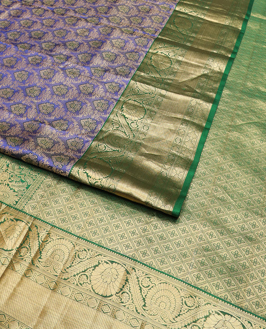 Blue jacquard Kanchipuram wedding silk saree, contrast border of rekku, kathir, dhavana kodi, rudraksham, and diamond designs, and jaal pallu