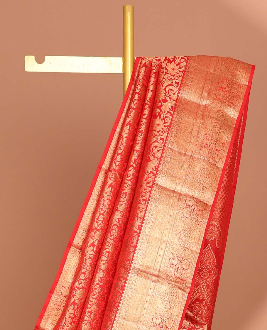 Red floral jacquard kancheepuram silk aree with self intricate zari border & floral zari design pallu
