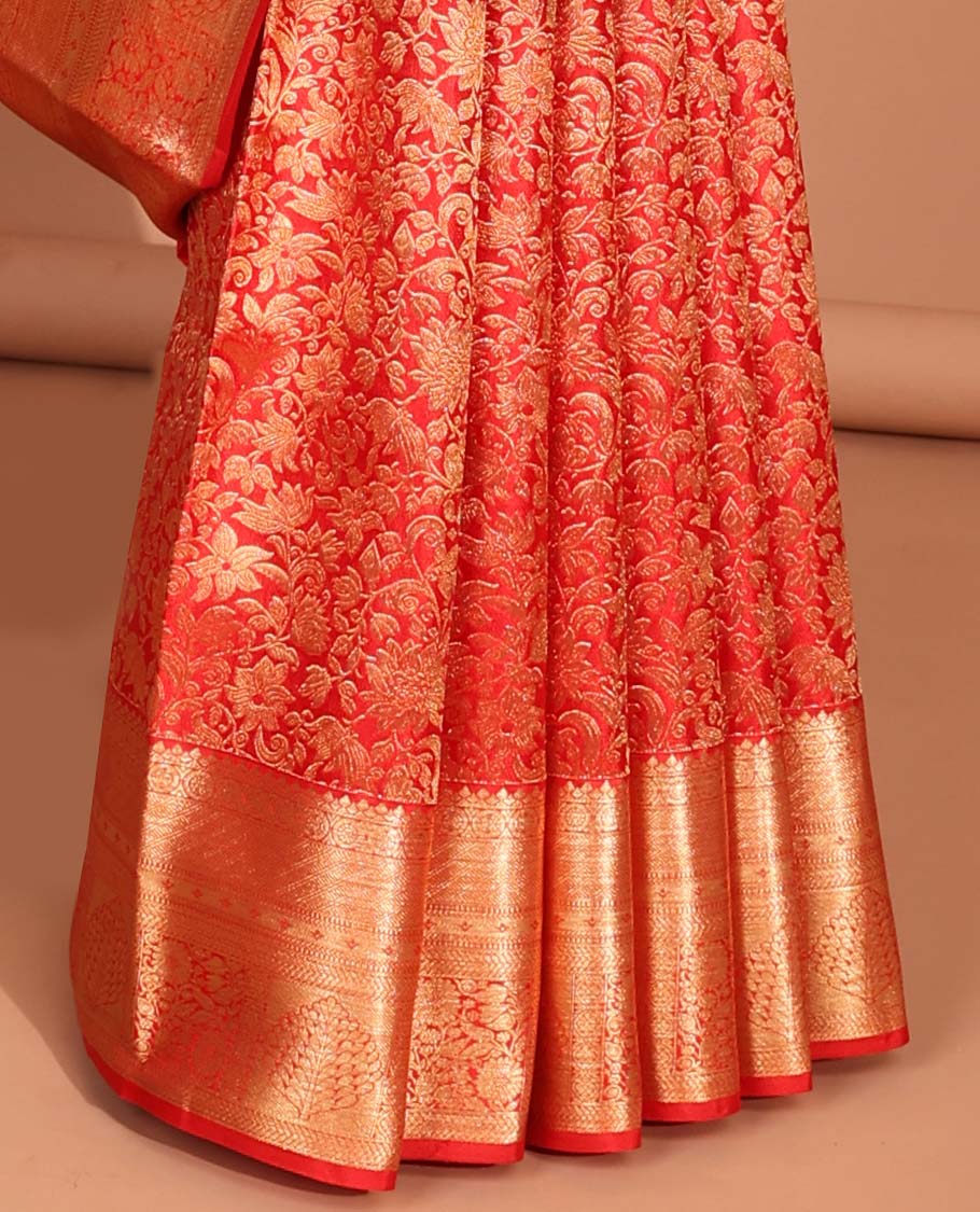 Red floral jacquard kancheepuram silk aree with self intricate zari border & floral zari design pallu