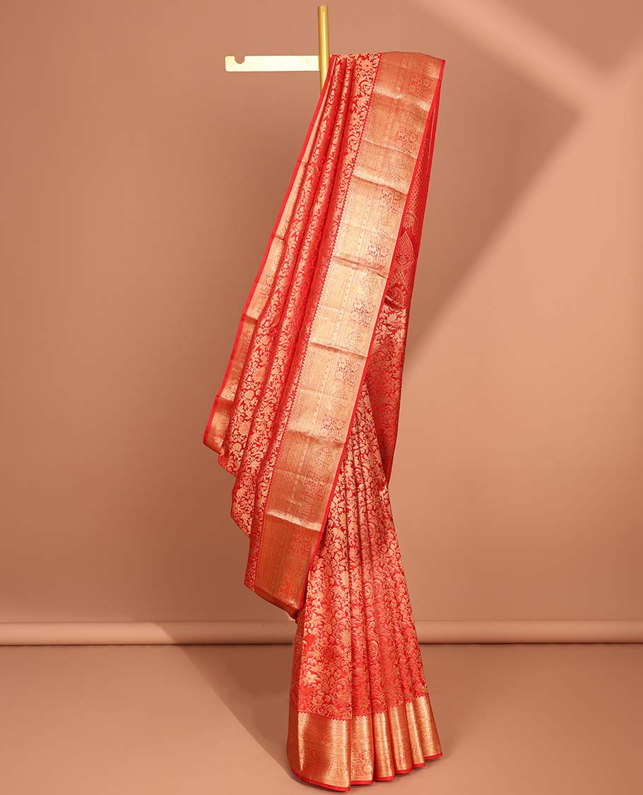 Red floral jacquard kancheepuram silk aree with self intricate zari border & floral zari design pallu