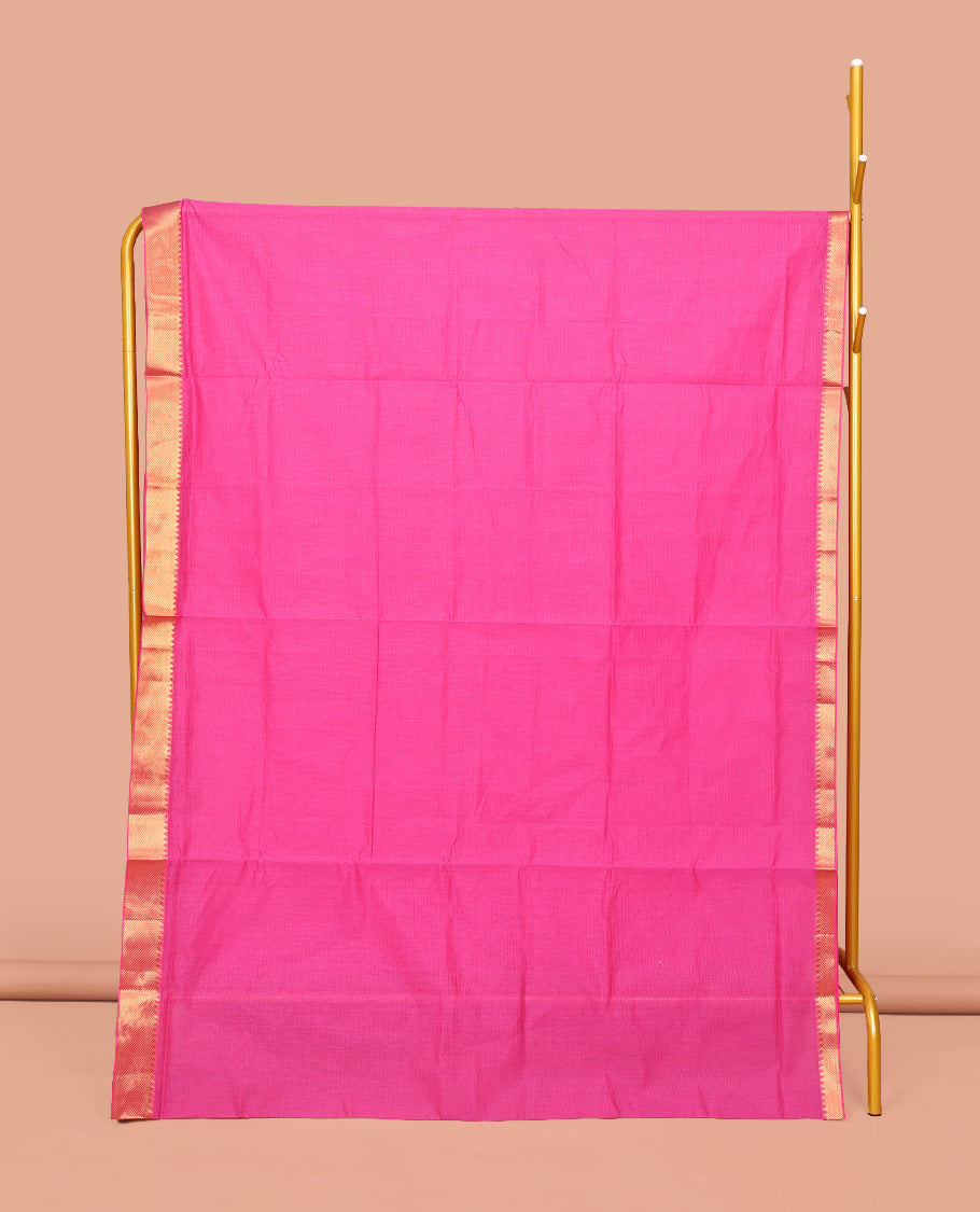 Rani Pink Sparsely Striped Mangalgiri Cotton Saree, Highlighted by a Zari Border, Gleaming Zari-Striped Pallu, and Paired with a Matching Blouse