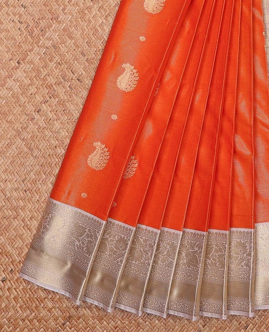 Orange zari buttas and striped gift saree, contrast traditional zari design border, and pallu of paisleys