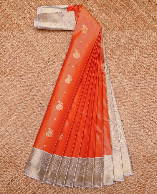 Orange zari buttas and striped gift saree, contrast traditional zari design border, and pallu of paisleys