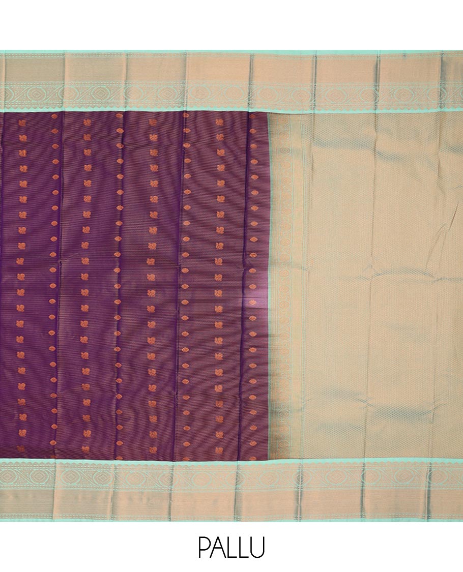 Violet striped and peacock chakra buttas gift saree, contrast traditional zari design border, and jaal pallu