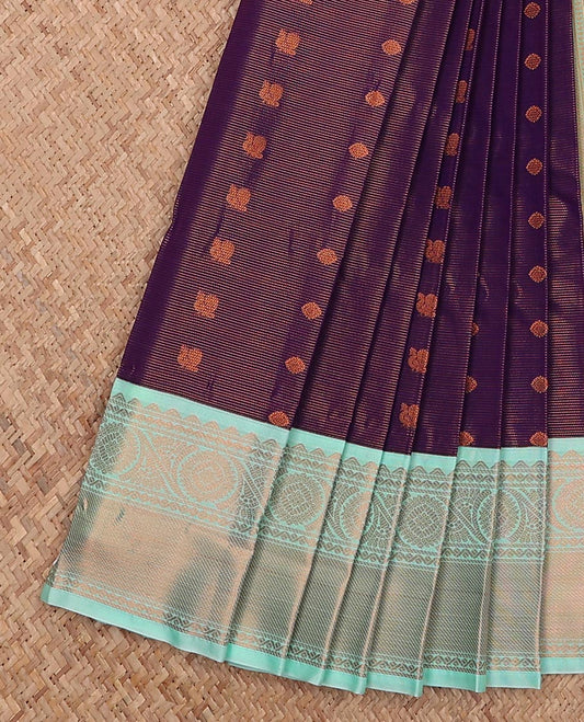 Violet striped and peacock chakra buttas gift saree, contrast traditional zari design border, and jaal pallu