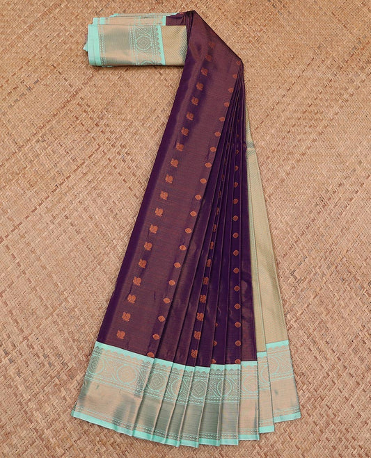 Violet striped and peacock chakra buttas gift saree, contrast traditional zari design border, and jaal pallu