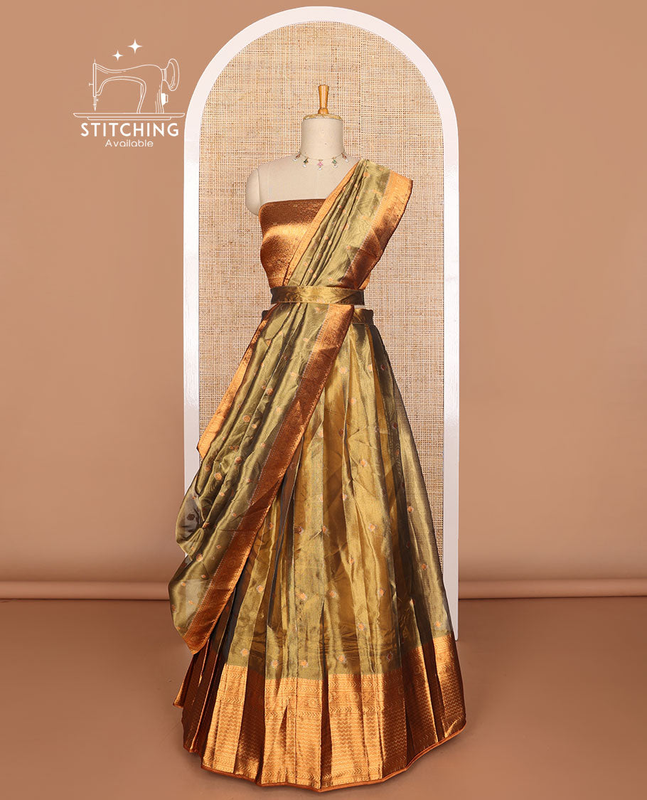 Brown buttas tissue half saree with contrast zari design border, zari design blouse & floral design dhavani