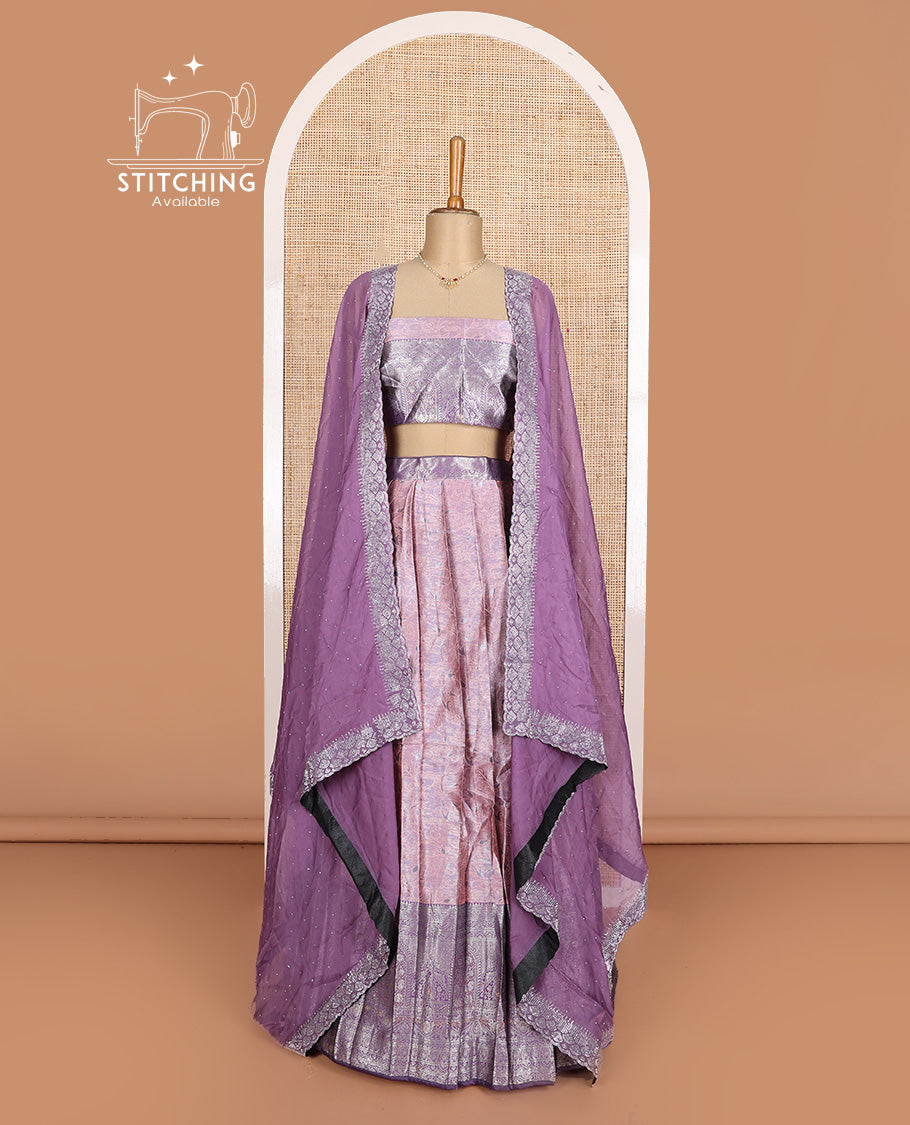 Pink art silk half-saree, floral design with contrast traditional border skirt, matching blouse, scallop embroidered dhavani, and detachable belt