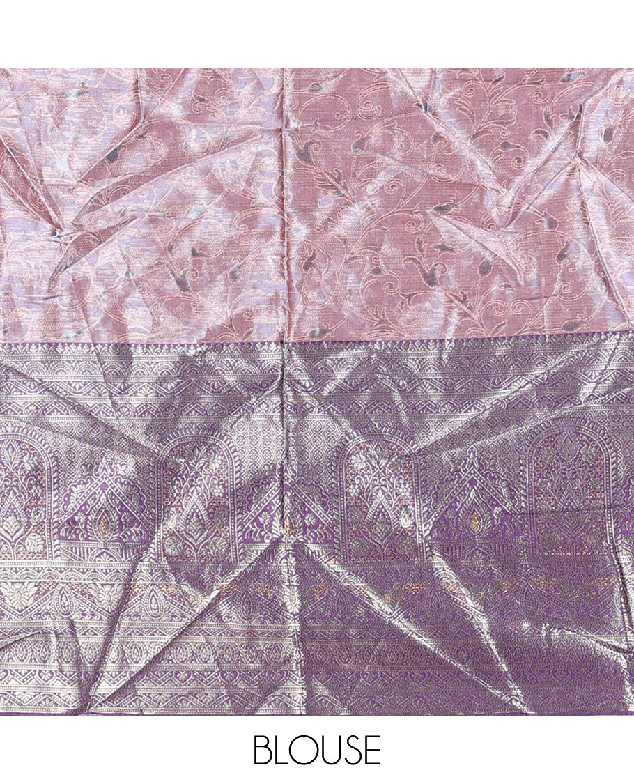 Pink art silk half-saree, floral design with contrast traditional border skirt, matching blouse, scallop embroidered dhavani, and detachable belt