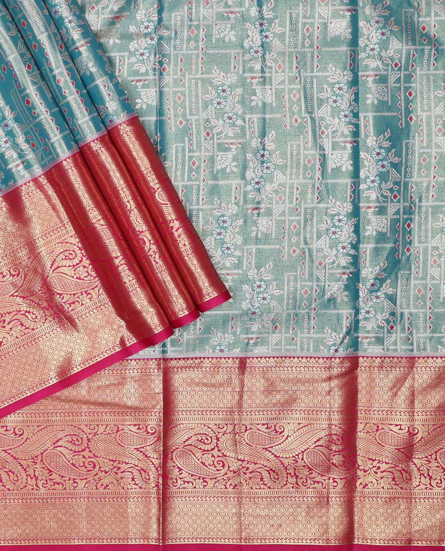 Peacock blue art silk half saree material , jacquard with contrast traditional zari bordered skirt, contrast jacquard blouse, and paisley jaal dhavani