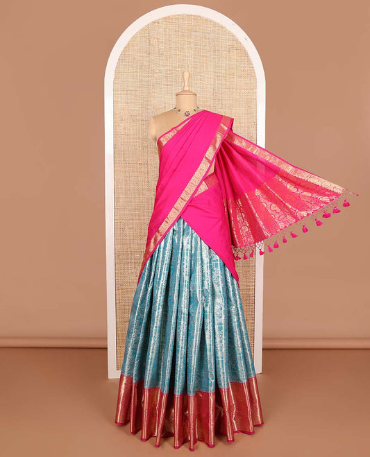 Peacock blue art silk half saree material , jacquard with contrast traditional zari bordered skirt, contrast jacquard blouse, and paisley jaal dhavani
