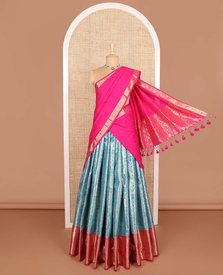 Peacock blue art silk half saree material , jacquard with contrast traditional zari bordered skirt, contrast jacquard blouse, and paisley jaal dhavani