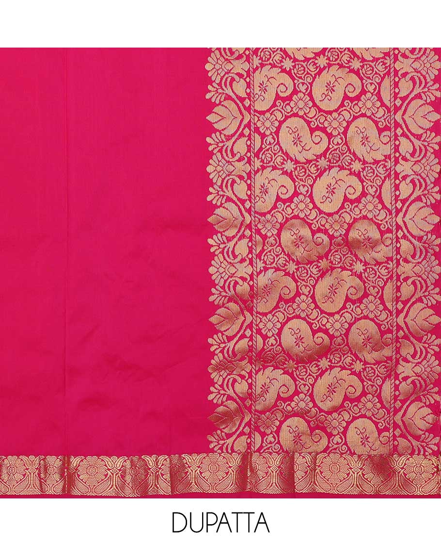 Peacock blue art silk half saree material , jacquard with contrast traditional zari bordered skirt, contrast jacquard blouse, and paisley jaal dhavani