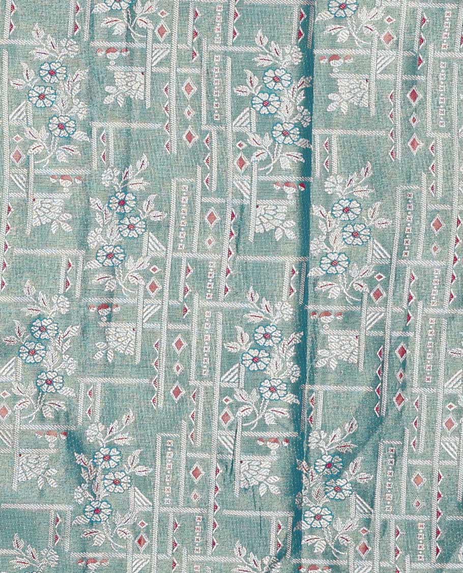 Peacock blue art silk half saree material , jacquard with contrast traditional zari bordered skirt, contrast jacquard blouse, and paisley jaal dhavani