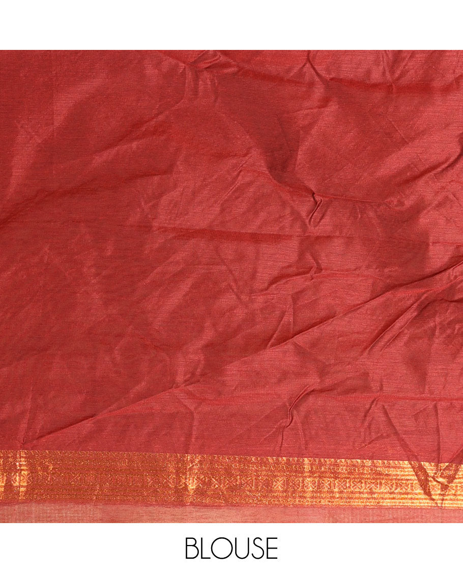 Dark green art-silk half-saree, plain with contrast temple traditional design bordered skirt, contrast blouse, and plain zari bordered dhavani