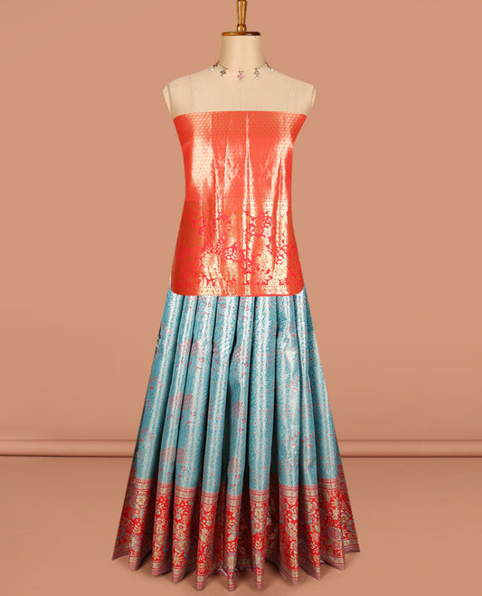 Blue art silk half saree, jacquard with contrast meenakari border skirt, jacquard contrast blouse and floral design zari dhavani