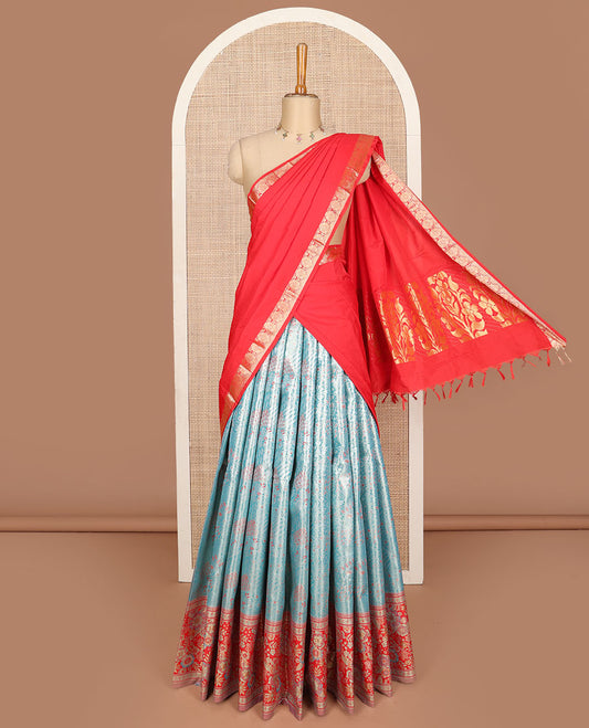 Blue art silk half saree, jacquard with contrast meenakari border skirt, jacquard contrast blouse and floral design zari dhavani