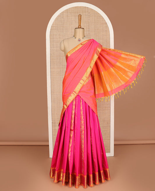 Pink art silk half-saree pavadai material, zari design with contrast traditional bordered skirt, matching blouse, and zari design dhavani