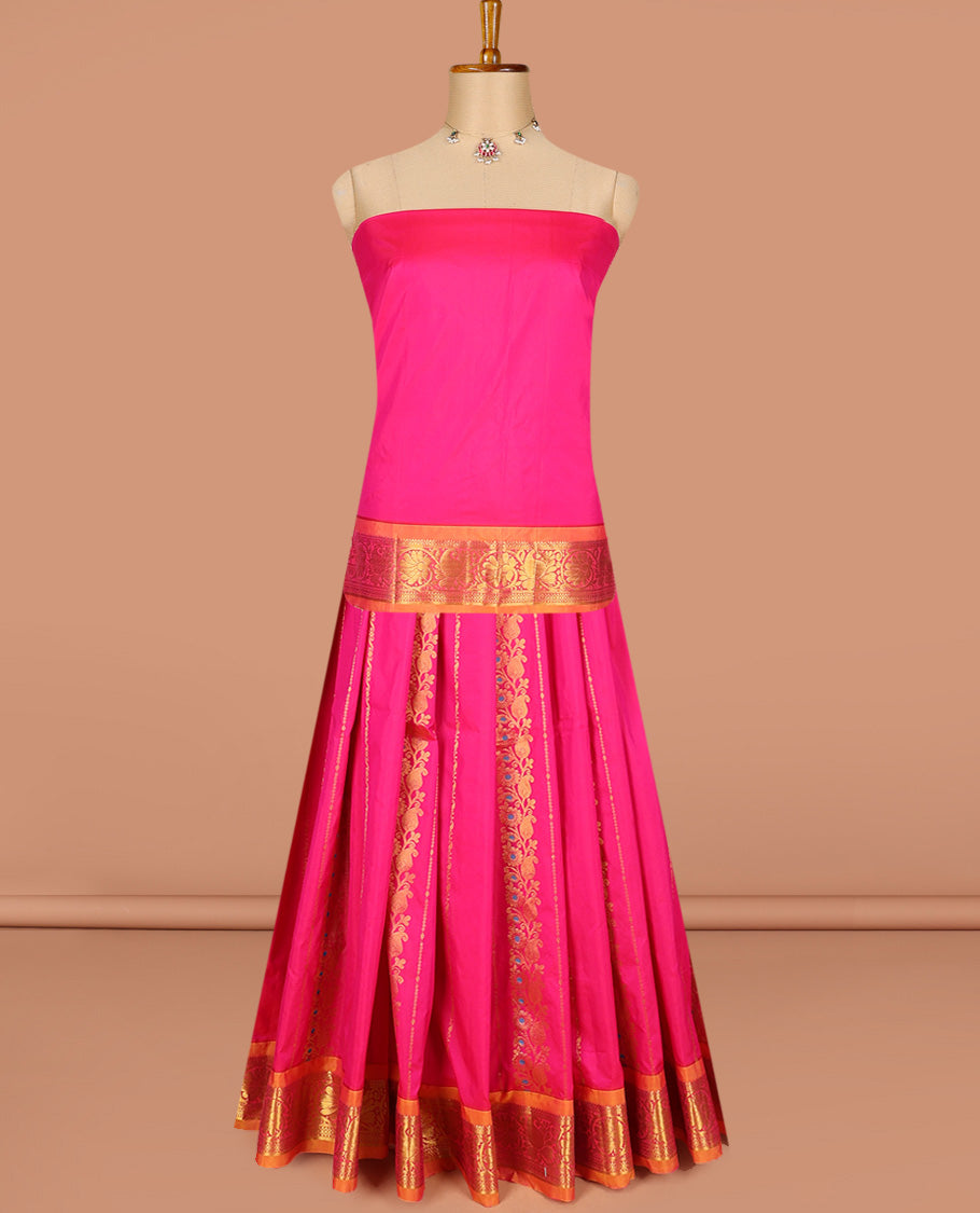 Pink art silk half-saree pavadai material, zari design with contrast traditional bordered skirt, matching blouse, and zari design dhavani