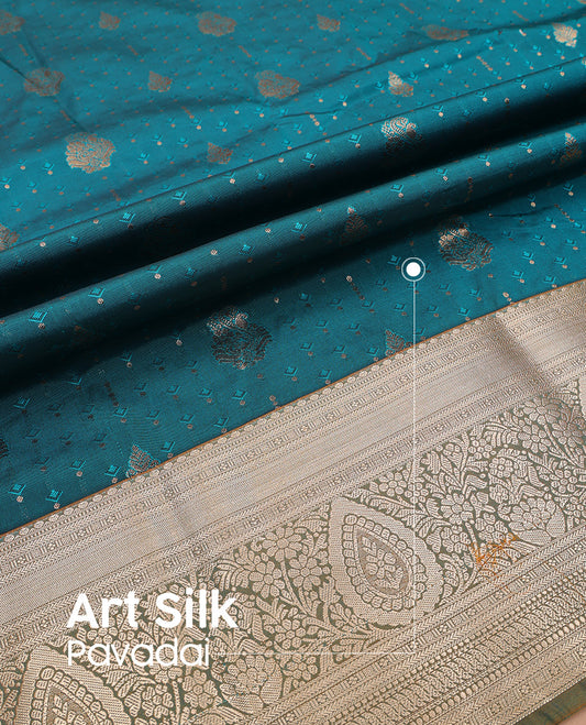 Blue art silk pavadai set, embossed, zari design and contrast traditional zari bordered skirt and a contrast dual-toned zari border blouse