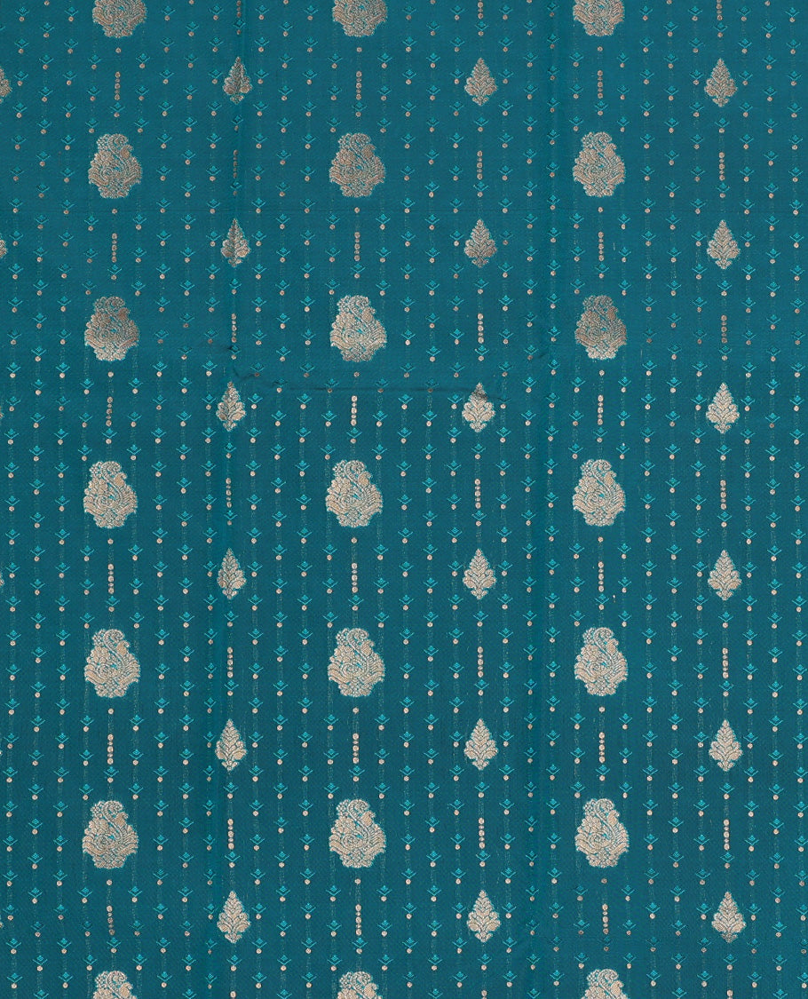 Blue art silk pavadai set, embossed, zari design and contrast traditional zari bordered skirt and a contrast dual-toned zari border blouse