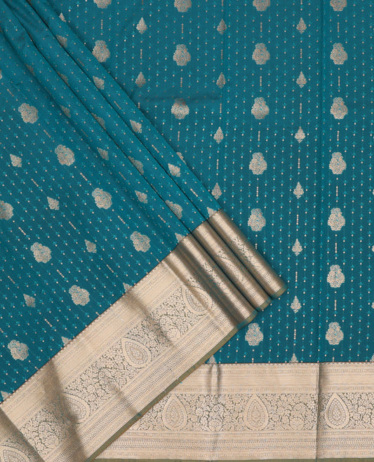 Blue art silk pavadai set, embossed, zari design and contrast traditional zari bordered skirt and a contrast dual-toned zari border blouse