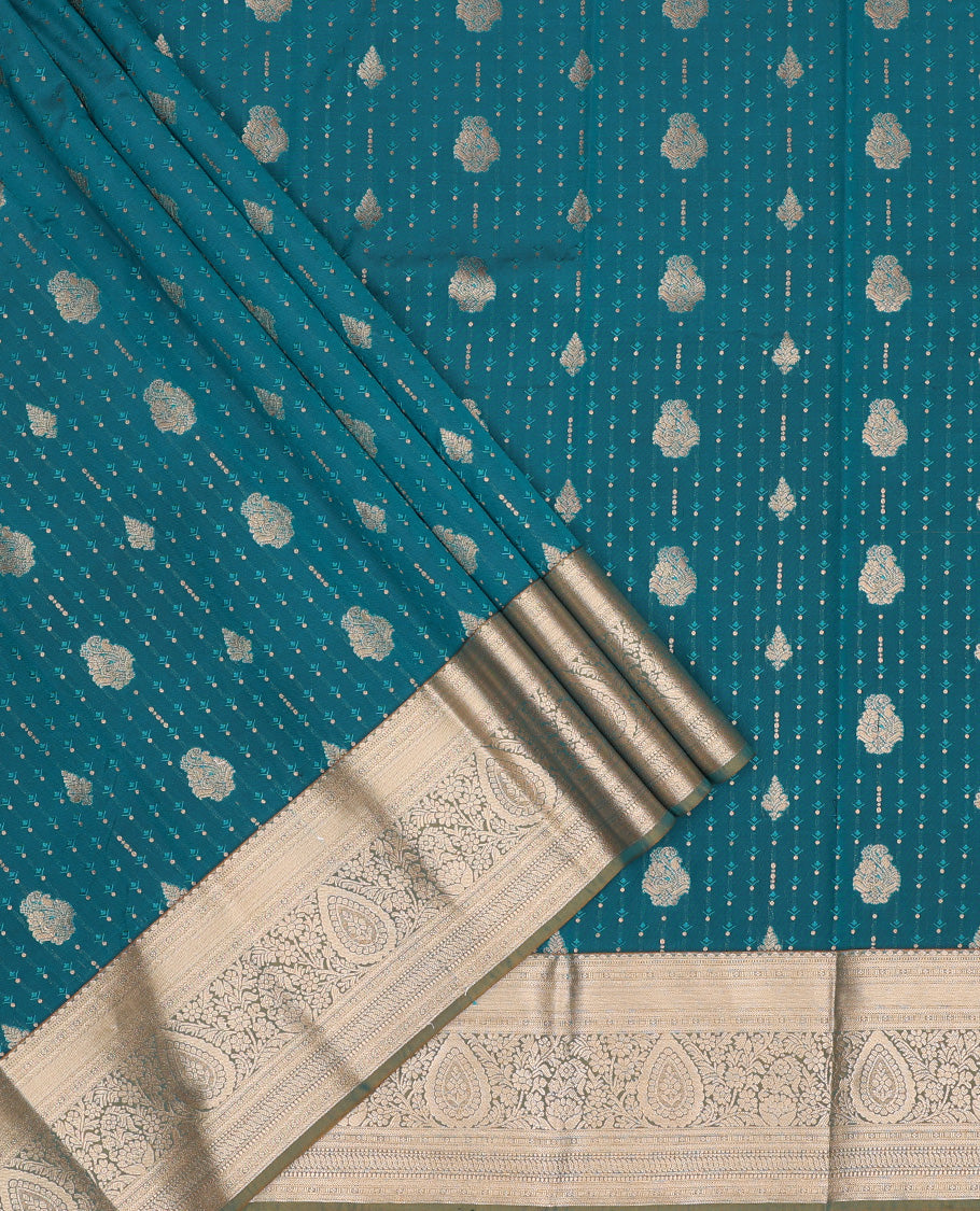 Blue art silk pavadai set, embossed, zari design and contrast traditional zari bordered skirt and a contrast dual-toned zari border blouse