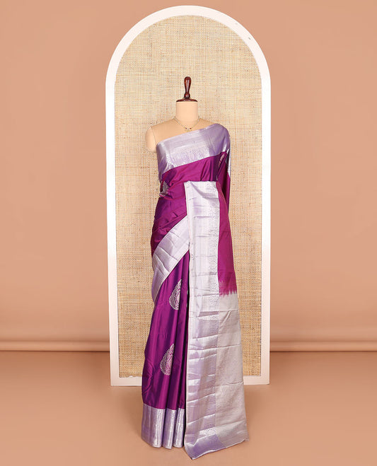 Magenta zari buttas budget silk saree, contrast traditional zari design border, and intricate pallu