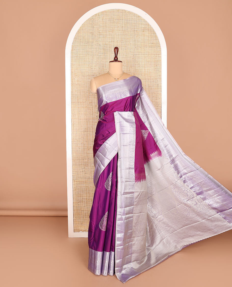 Magenta zari buttas budget silk saree, contrast traditional zari design border, and intricate pallu