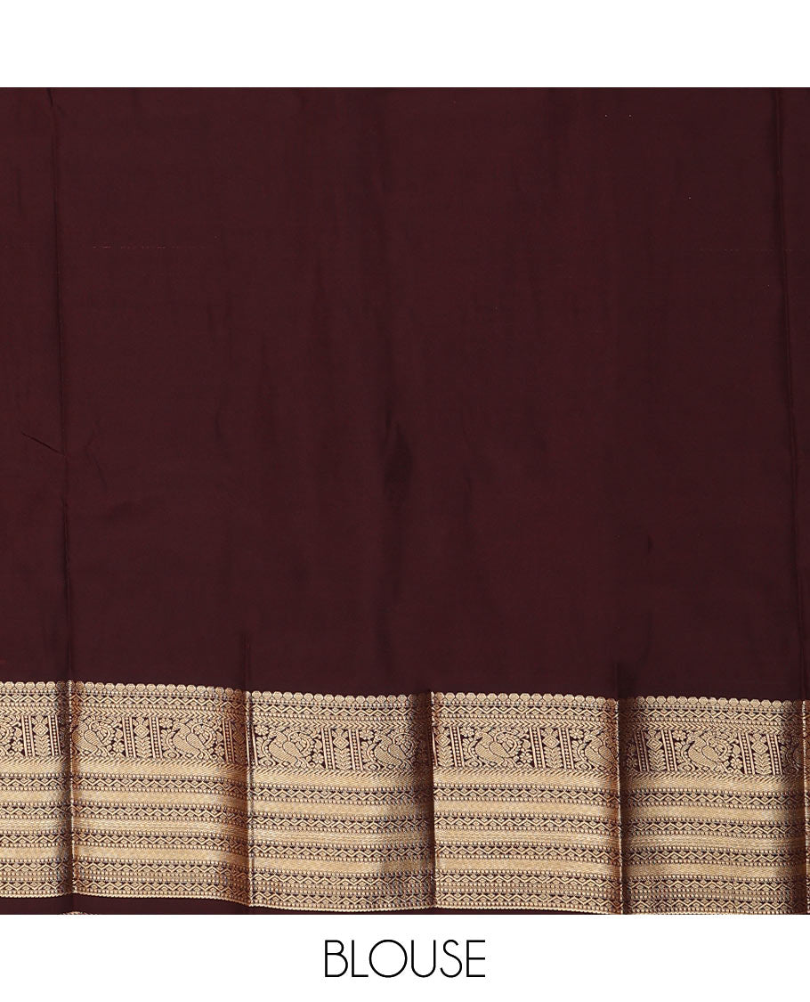 Orange zari buttas budget silk saree, contrast traditional zari border, and jaal pallu