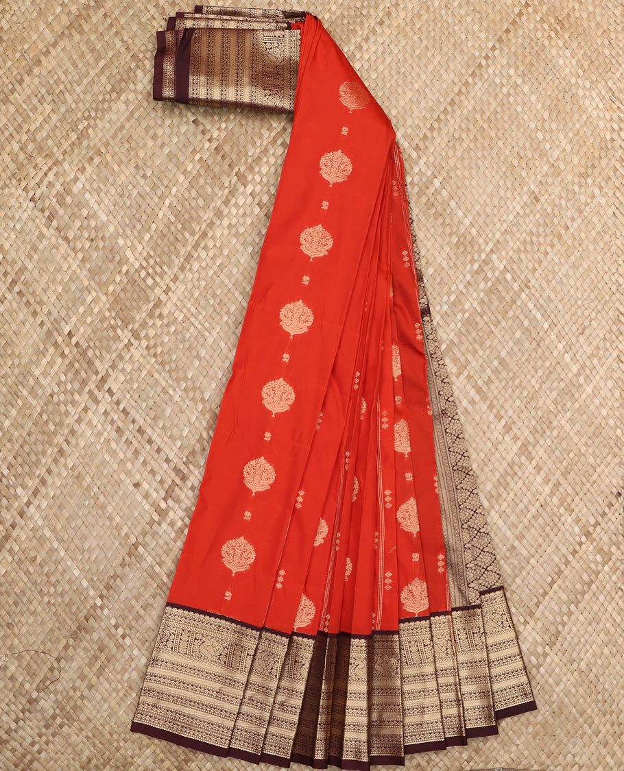 Orange zari buttas budget silk saree, contrast traditional zari border, and jaal pallu