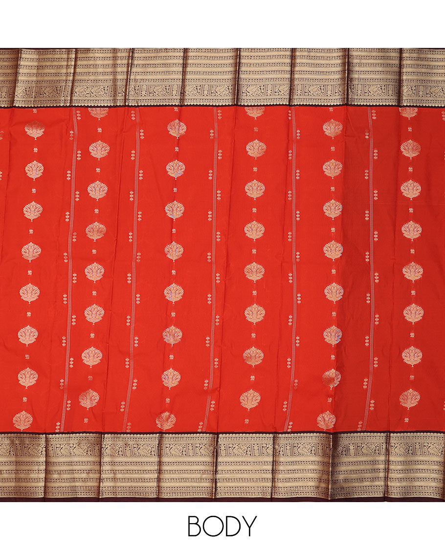 Orange zari buttas budget silk saree, contrast traditional zari border, and jaal pallu