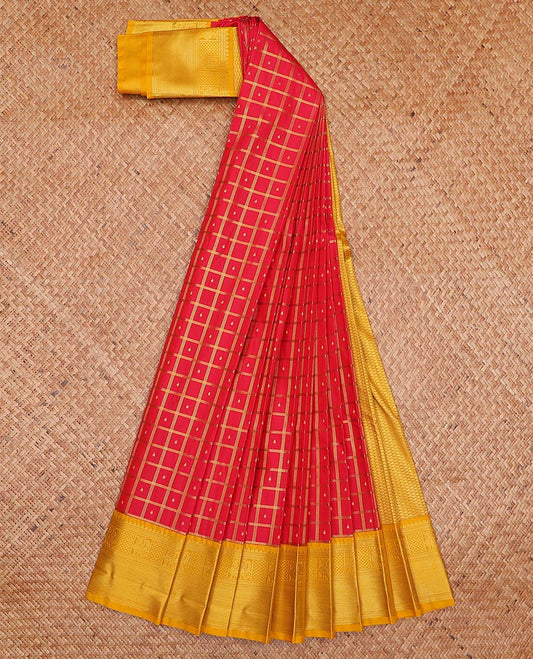 Red butta enclosed checked gift saree, contrast traditional zari design border, and jaal pallu