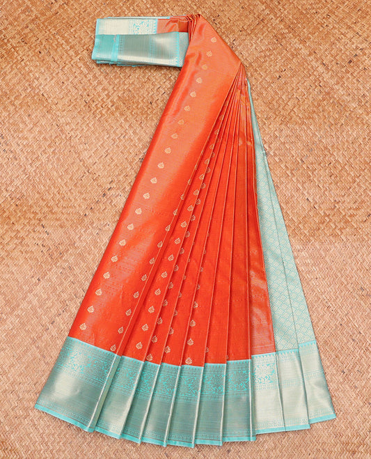 Orange Budget Silk Saree, Gleamed Up with Zari Buttas and Stripes on Its Body, Complemented by a Contrast Traditional Zari Border, Grand Jaal Pallu, and Paired with a Contrast Blouse