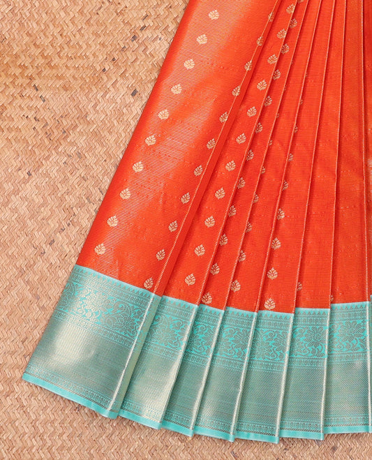 Orange Budget Silk Saree, Gleamed Up with Zari Buttas and Stripes on Its Body, Complemented by a Contrast Traditional Zari Border, Grand Jaal Pallu, and Paired with a Contrast Blouse