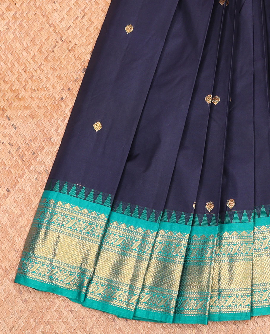 Navy Blue Budget Silk Saree Detailed with Zari Buttas, Accentuated  by a Contrast Traditional Motifs Templr Zari Border, Adorned with a Jaal Pallu, and Paired with a Contrast Blouse