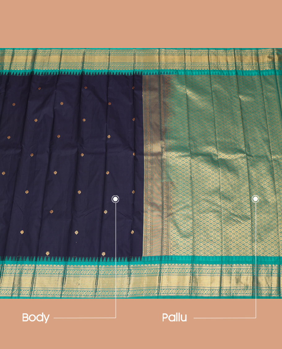 Navy Blue Budget Silk Saree Detailed with Zari Buttas, Accentuated  by a Contrast Traditional Motifs Templr Zari Border, Adorned with a Jaal Pallu, and Paired with a Contrast Blouse