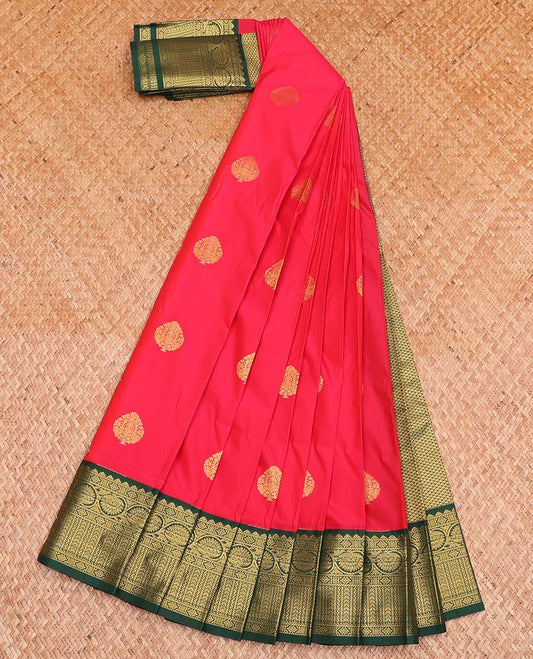 Red Budget Silk Saree, Decorated with Zari Buttas All Over Its Body, Complemented by a Contrast Traditional Zari Design Border, Grand Jaal Pallu, and Paired with a Contrast Blouse