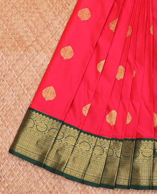 Red Budget Silk Saree, Decorated with Zari Buttas All Over Its Body, Complemented by a Contrast Traditional Zari Design Border, Grand Jaal Pallu, and Paired with a Contrast Blouse