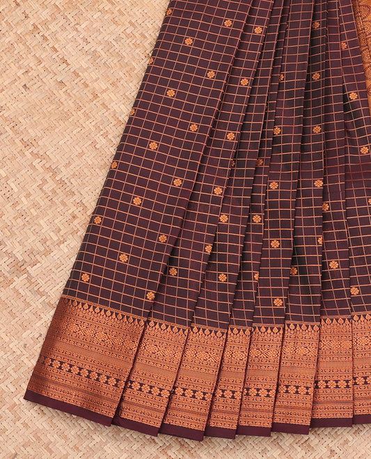 Brown Budget Silk Saree, Embellished with Zari Buttas and Checks All Over Its Body, Highlighted by a Traditional Zari Design Border, Grand Pallu, and Paired with a Matching Blouse