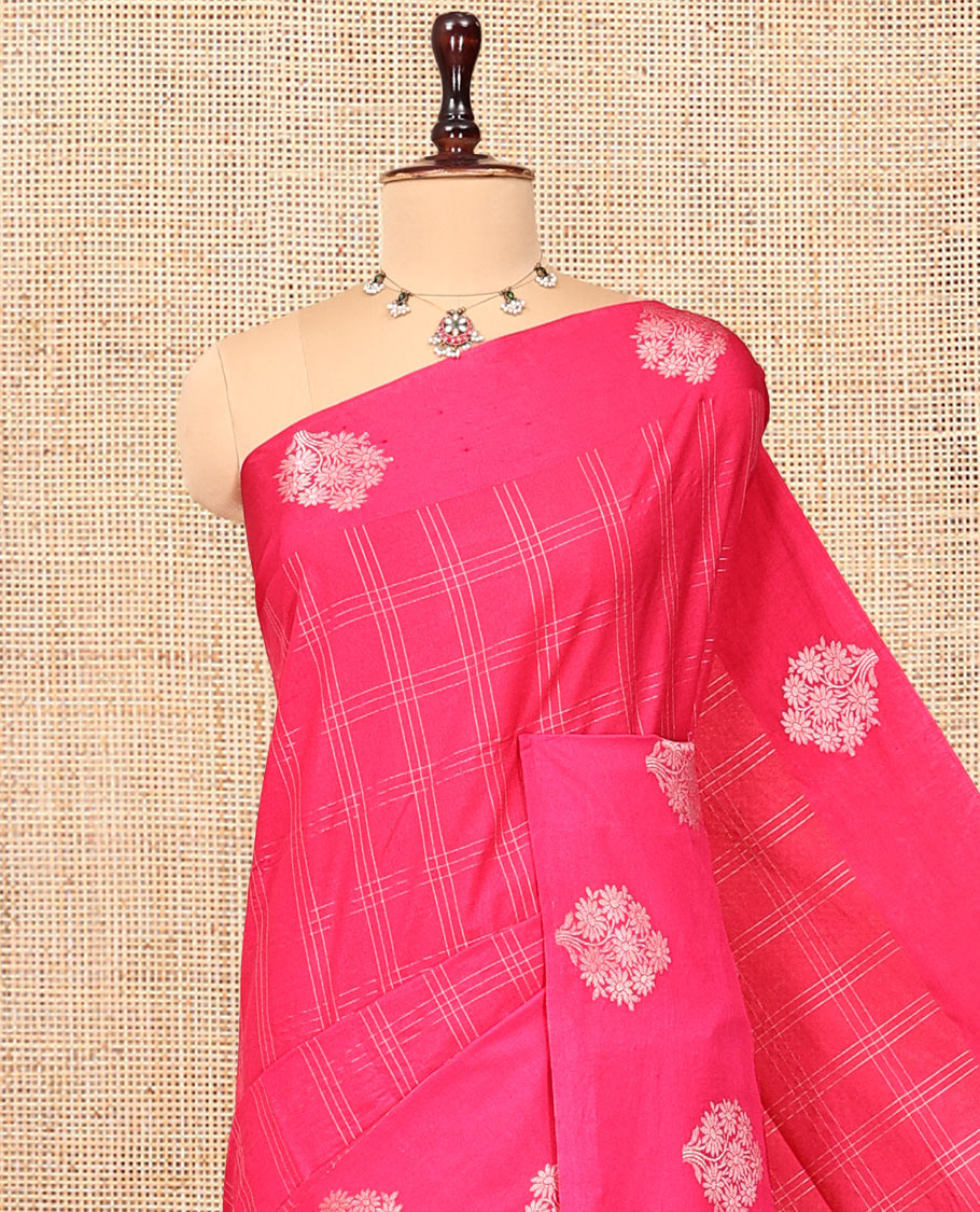 Pink Assam Silk Saree, Accentuated with Zari Checks, Highlighted by a Floral Motifs Woven Border, Intricate Pallu, and a Matching Blouse