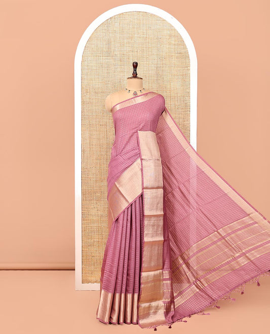 Pink Assam Silk Saree, Beautified with Checks, Traditional Zari Border, Zari-Striped Pallu, and a Contrast Blouse